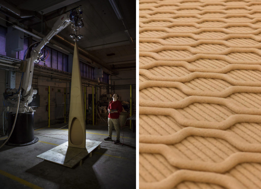 Kajaken 3d-printas av granulat med hjälp av en robotarm. Bilden till höger visar hur ytan ser ut efter att den skrivits ut.